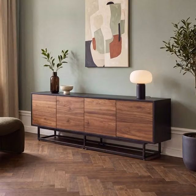 Credenza Bassa Boxholm en.casa con 4 Ante Push-Open, Nero e Effetto Noce, L 180 cm x P 30 cm x H 56 cm