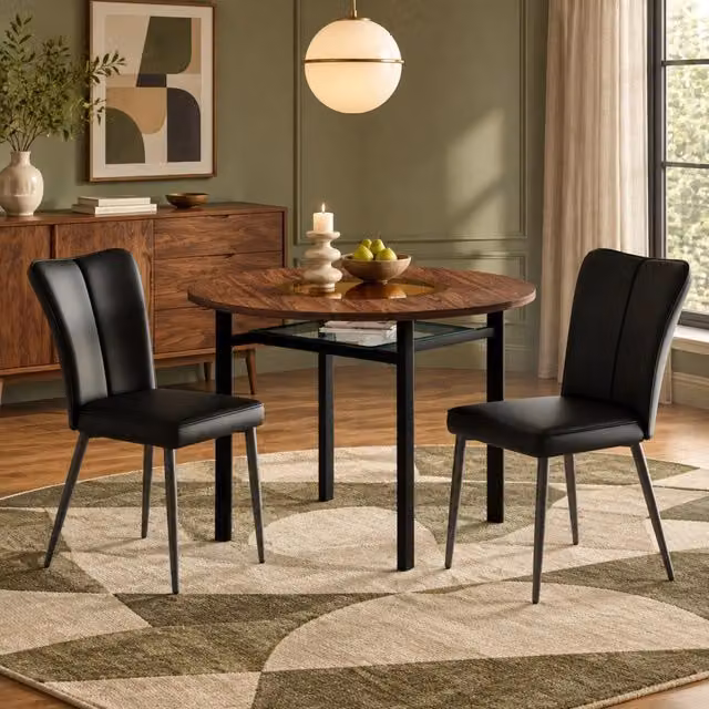 Set da pranzo Mivray moderno con tavolo rotondo in vetro e MDF effetto legno marrone e 2 sedie con seduta nera