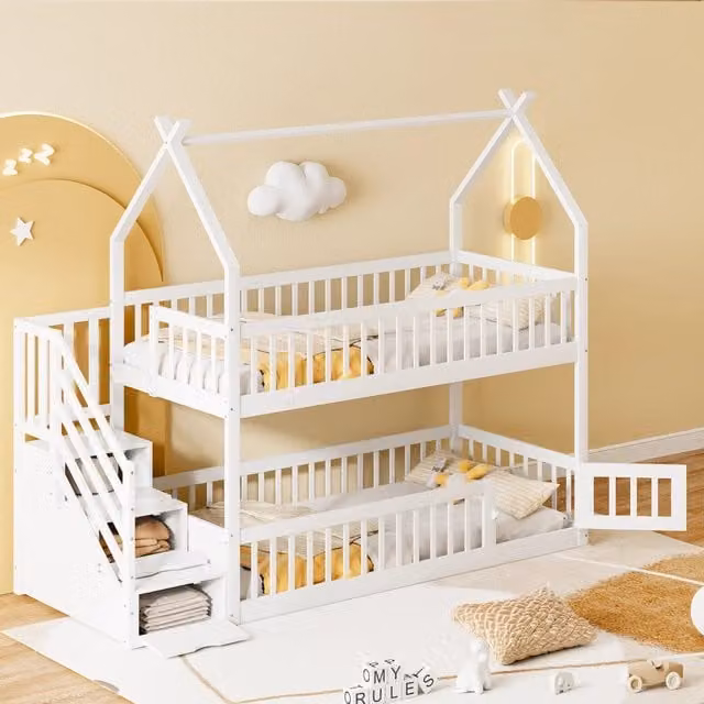 Letto a castello per bambini REDOM in legno di pino bianco con struttura a casetta, scala e cassetti, L/P/H: 200 x 90 x 195 cm