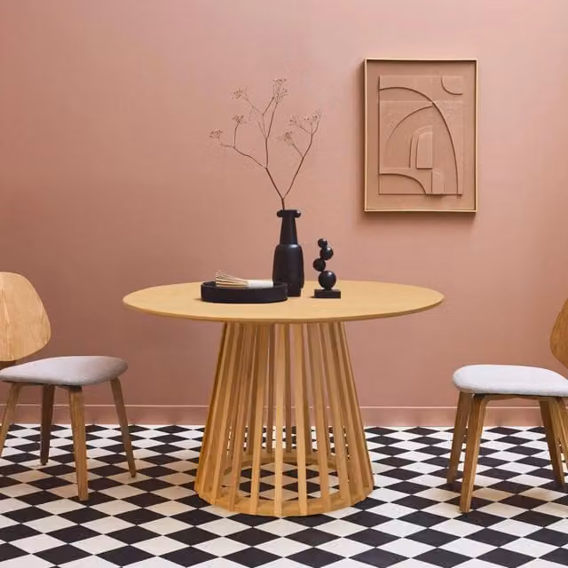Tavolo da pranzo rotondo Sweeek in effetto legno beige e marrone, 4 posti, Diametro: 120 cm, Altezza: 75 cm