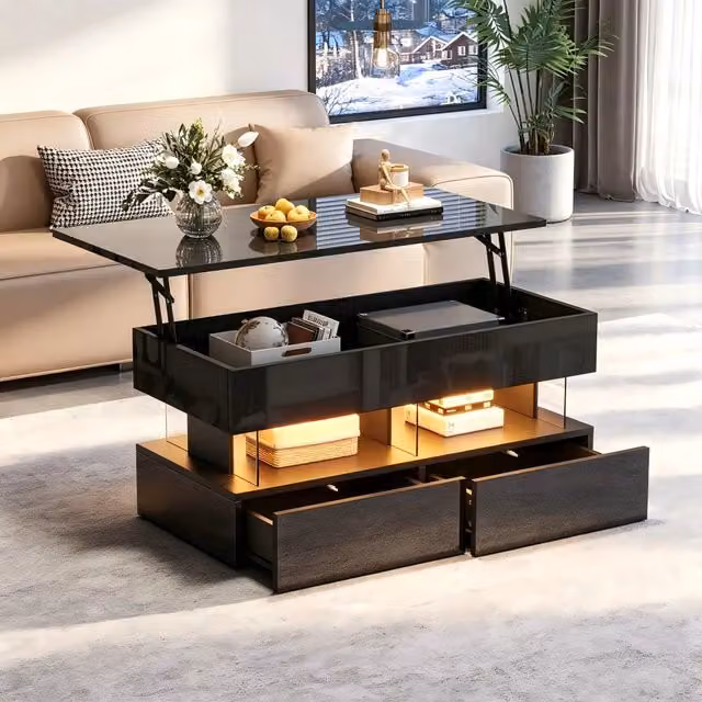 Tavolino basso sollevabile OKWISH con 2 cassetti e vano contenitore in MDF nero per soggiorno L/P/H: 100 x 50 x 46 cm