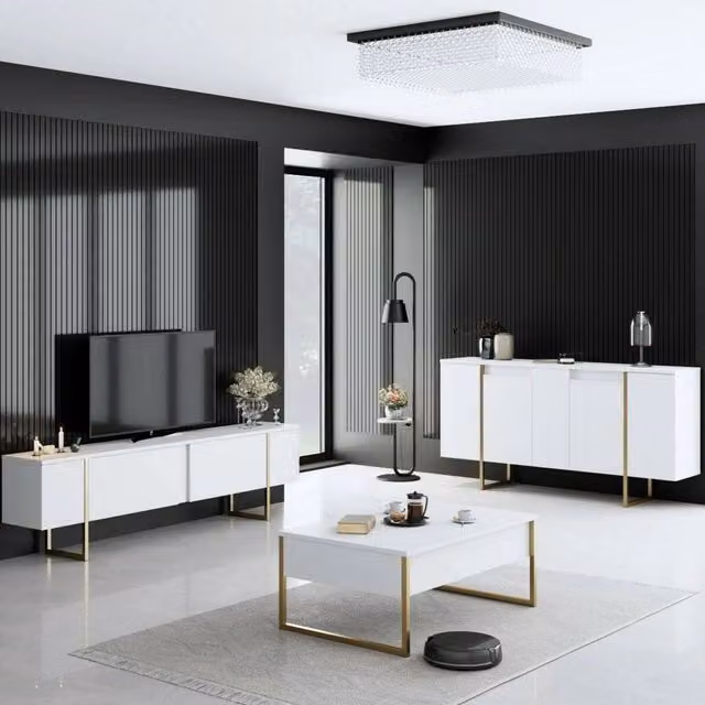 Set di mobili da soggiorno modulabile DMORA Pignano in legno bianco e oro con finitura lucida e design moderno