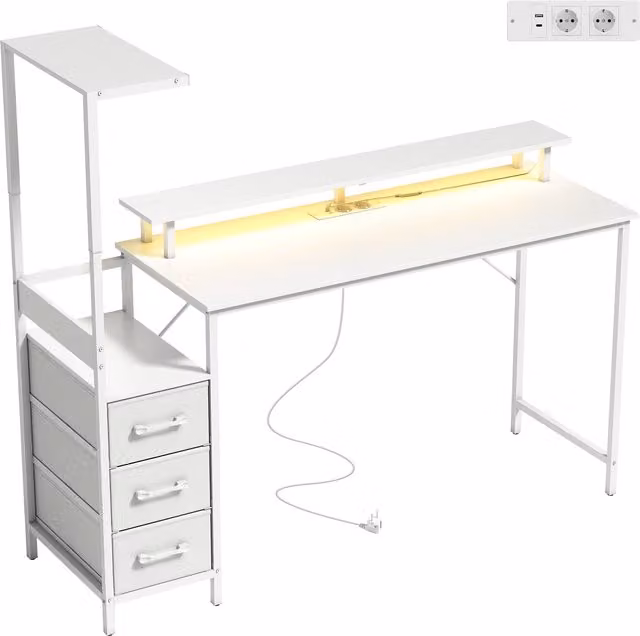 Scrivania Gaming HOMCOM Bianca con Luci RGB, Supporto CPU Regolabile, Porte USB e USB-C, Supporto Monitor e 3 Cassetti in Tessuto, L: 147 cm
