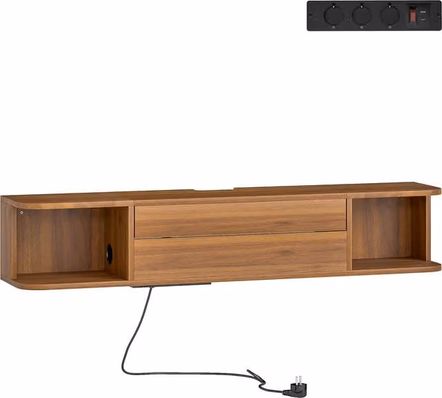 Mobile Porta TV Sospeso HOMCOM per TV fino a 50 pollici con Prese di Corrente, USB e Tipo C, Cassetto e Ripiani, Colore Noce, L 120 x P 24 x H 22,4 cm