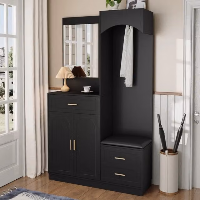 Guardaroba compatto nero con scarpiera, specchio e panca L/P/H: 110 x 33 x 185,5 cm
