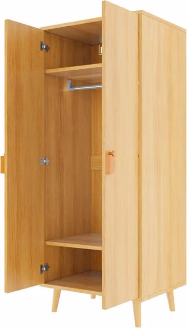 Armadio per cameretta in stile scandinavo con 2 ante, vano appendiabiti e 2 cassetti interni, colore beige e marrone, L: 140 cm, P: 55 cm, H: 170 cm