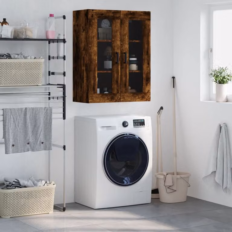 Mobile a parete moderno vidaXL in rovere fumo con ante in vetro e ripiani interni, L: 69,5 cm, P: 34 cm, H: 90 cm