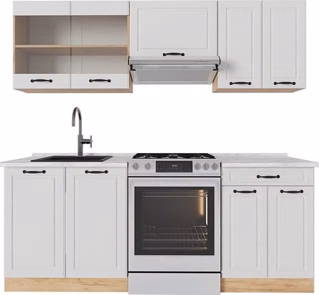 Cucina componibile Vicco R-Line stile country Bianco rustico e Rovere dorato L: 200 cm