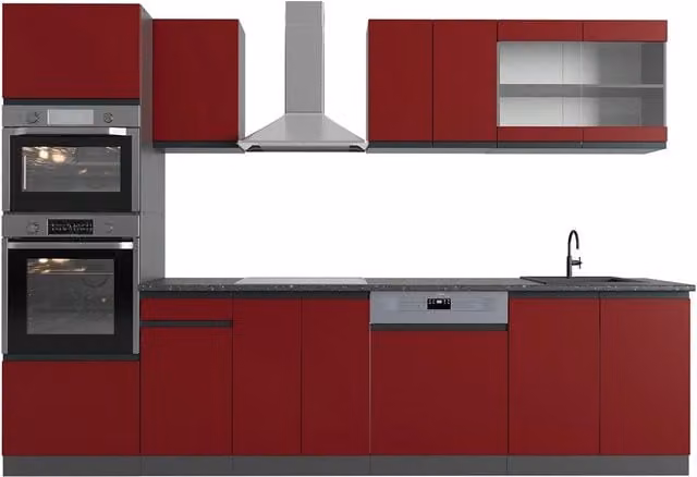 Cucina componibile moderna Vicco R-Line J-Shape Rosso e Antracite con armadio alto, L: 300 cm, H: 206.8 cm, P: 60 cm