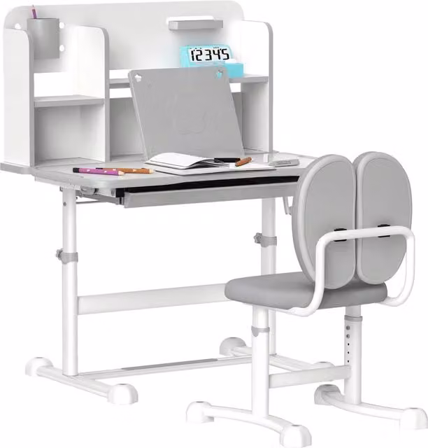 Set Scrivania e Sedia Regolabili per Bambini DESIGN IN con Piano Inclinabile e Scaffale, Grigio e Bianco