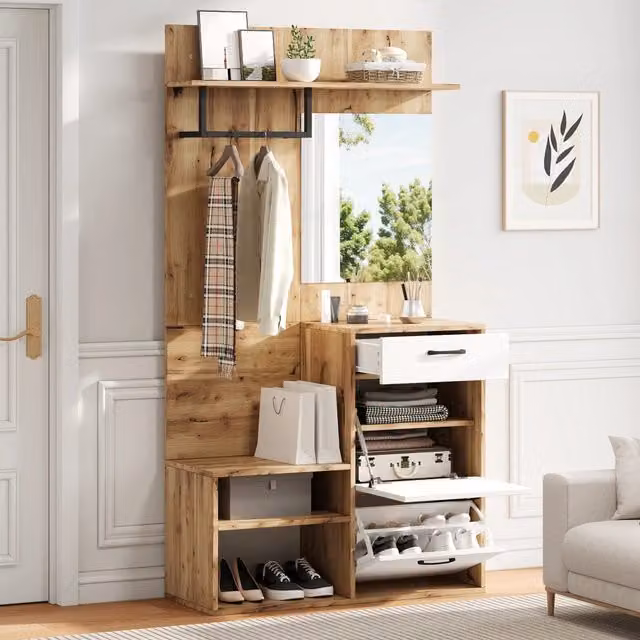 Set Ingresso Minimal con Specchio, Scarpiera, Panca e Appendiabiti Bianco e Legno L/P/H: 100 x 38.5 x 190 cm
