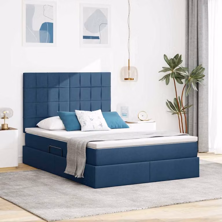 Letto con contenitore vidaXL in tessuto blu con illuminazione LED e porta USB, L/P/H: 140 x 190 x 128 cm