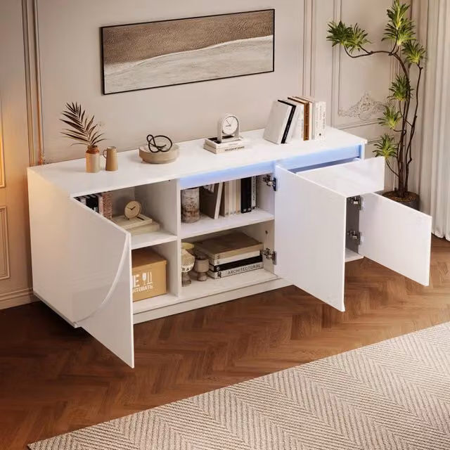 Madia moderna Mivray in MDF bianco lucido con LED controllabili tramite app, 3 ante, cassetto e ripiani regolabili, L: 140 cm, P: 40 cm, H: 60 cm