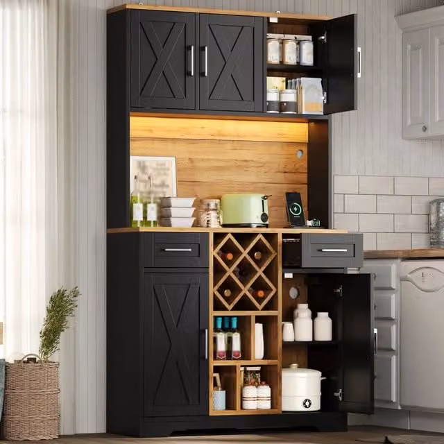 Mobile colonna da cucina Mivray con LED integrati, portabottiglie ed estraibile, colore marrone e nero, L: 105 cm, P: 40 cm, H: 180 cm