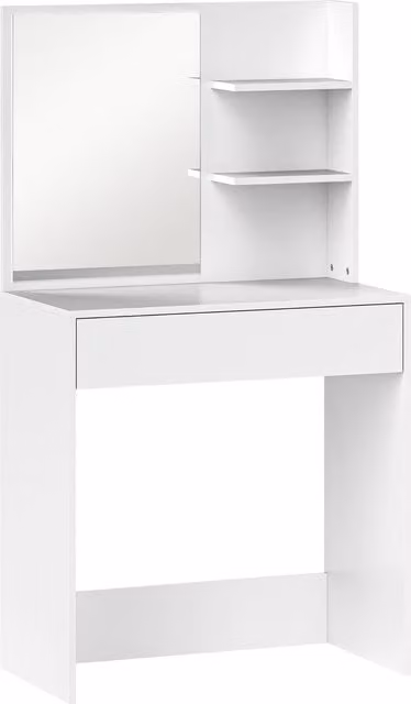 Tavolo da Trucco HOMCOM con Specchio, 3 Ripiani ad Angolo e Cassetto, in Legno e Vetro, Bianco, L: 75 cm, P: 40 cm, H: 137 cm