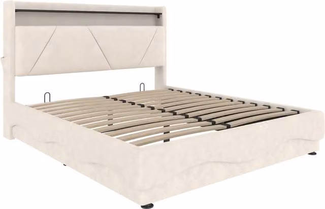 Letto imbottito Gomyway con contenitore, testiera con illuminazione LED, porta USB e mensola integrata, L/P: 140 x 200 cm, Beige