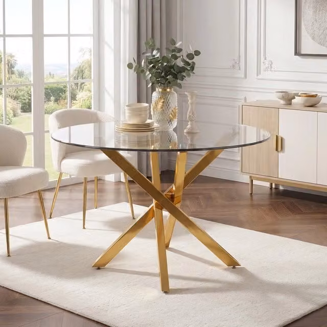Tavolo rotondo Minimal in vetro temperato trasparente con gambe in metallo oro, stile moderno, L: 80 cm, P: 80 cm, H: 75 cm