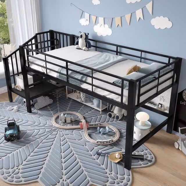 Letto a soppalco basso WISHDOR per bambini con scala contenitore in metallo e MDF nero L/P/H: 200 x 90 x 120 cm