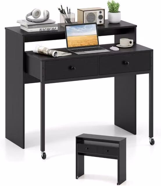 Scrivania per computer Design Mania estensibile con ruote in MDF e metallo, colore nero