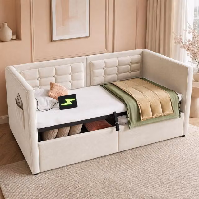 Letto divano imbottito in tessuto beige con contenitore a sollevamento idraulico e ricarica USB, L/P/H: 216 x 90 x 75 cm