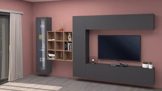 Parete Attrezzata Soggiorno Maruska n°23 GIORDANOSHOP Grigio Antracite Opaco e Rovere Wotan L: 350 cm, P: 30 cm, H: 180 cm