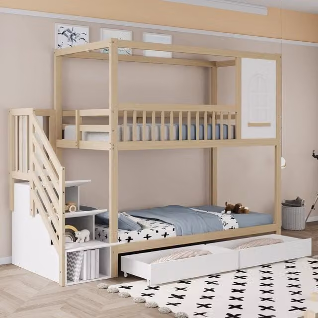 Letto a castello Mivray per bambini con scala a cassetti in legno, L/P/H: 252 x 90 x 192 cm