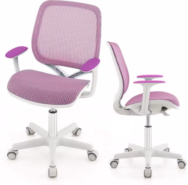 Sedia da scrivania girevole Design Mania per bambini, colore viola, con braccioli morbidi e ruote con freno, altezza regolabile