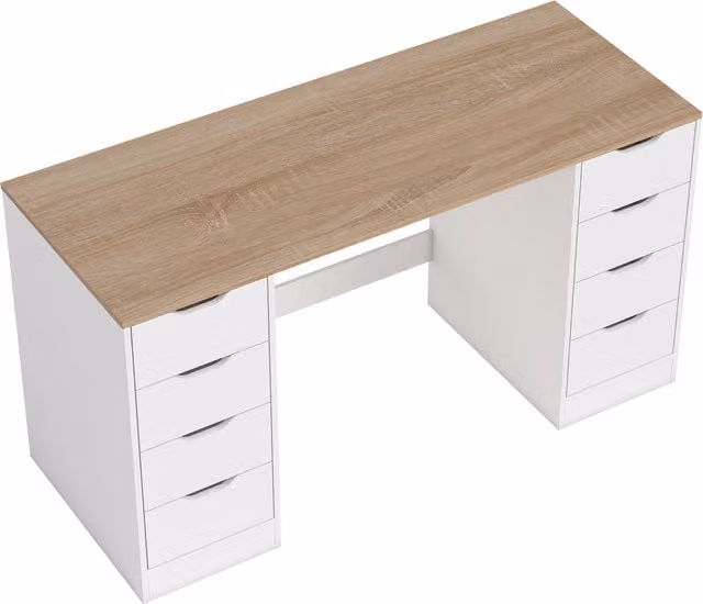 Scrivania da ufficio moderna HOMCOM con 8 cassetti, Bianco e Legno naturale, L: 140 cm, P: 38 cm
