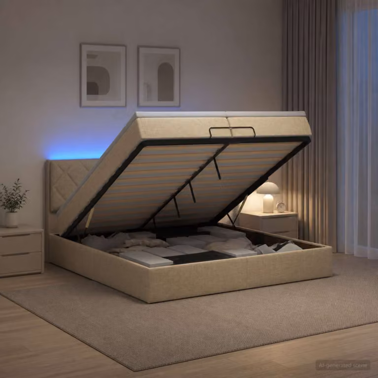 Letto Ottomano con Materasso e Illuminazione LED vidaXL, Colore Beige, L 200 x P 200 x H 88 cm