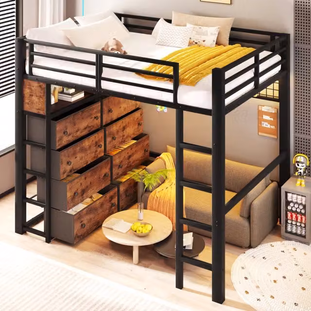 Letto a soppalco WISHDOR in metallo e MDF con 8 cassetti, illuminazione LED, ripiani e pannello forato, nero, L/P/H: 200 x 140 x 208 cm