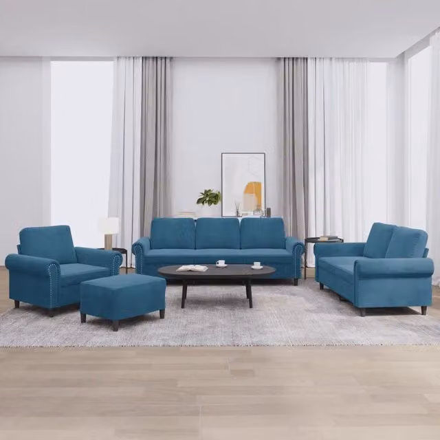 Set di divani moderno vidaXL in velluto blu composto da divano a 3 posti, divano a 2 posti, pouf e cuscini coordinati