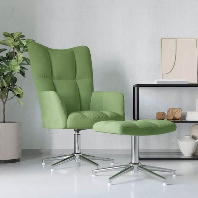 Poltrona Relax con Poggiapiedi Verde Chiaro in Velluto e Struttura in Metallo 670061
