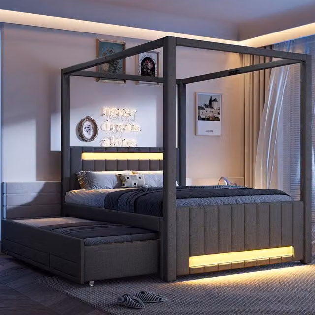 Letto a baldacchino Mivray con letto estraibile, 3 cassetti e illuminazione LED, rivestimento in lino grigio e legno, L/P/H: 140 x 200 cm