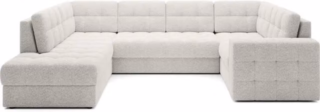 Divano angolare convertibile MONTEZA MEUBLORAMA bianco con contenitore e letto, modello a L con seduta sinistra, rivestimento in tessuto bouclé e struttura in legno massello, Larghezza: 299 cm