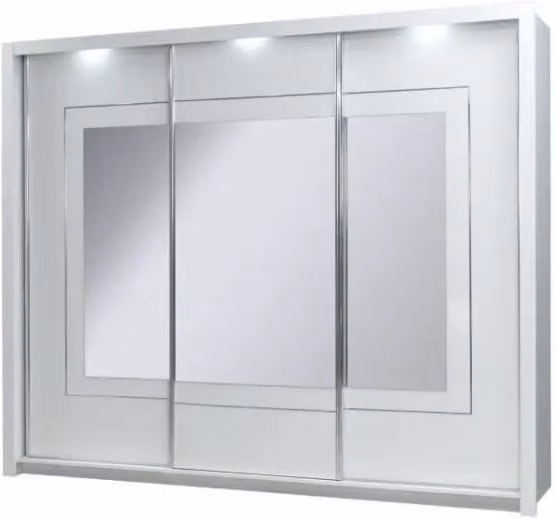 Armadio Meublorama PANAREA con 3 ante scorrevoli, specchi e illuminazione LED, bianco lucido, L: 208 cm, H: 213 cm, P: 67 cm