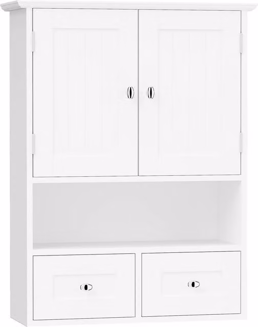 Armadietto Pensile da Bagno kleankin in Legno Bianco con 2 Ante, 2 Cassetti Interni e Ripiano Aperto