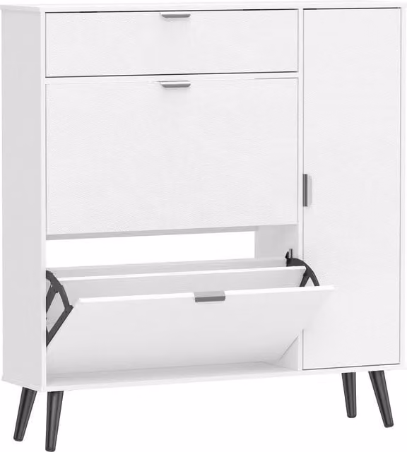 Scarpiera stretta HOMCOM con 2 scomparti ribaltabili e ripiani regolabili, ante effetto pelle litchi, Bianco, L: 99,4 cm, P: 23,8 cm, H: 106,6 cm