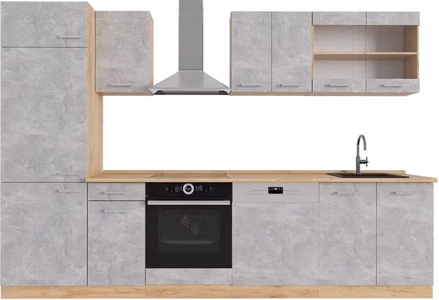 Cucina componibile moderna Vicco R-Line in finitura Calcestruzzo e Rovere dorato, L: 300 cm