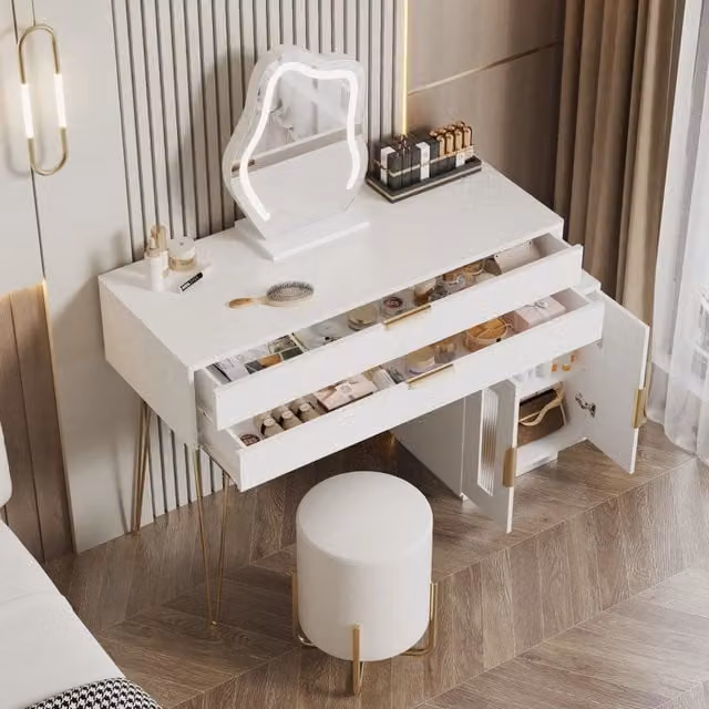Toeletta Mivray Hollywood LED bianca con specchio a 3 modalità, 2 cassetti e piano e mobile laterale scorrevoli, L/P/H: 100 x 40 x 78 cm