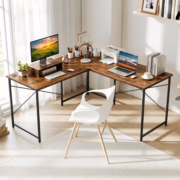 Scrivania angolare per ufficio Costway in metallo e legno marrone, tavolo estensibile con supporto monitor per 2 persone, L: 240 cm