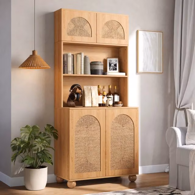 Mobile contenitore alto in legno di pino e MDF con ante a battente e ripiani interni, colore beige e marrone, L/P/H: 80 x 40 x 180 cm