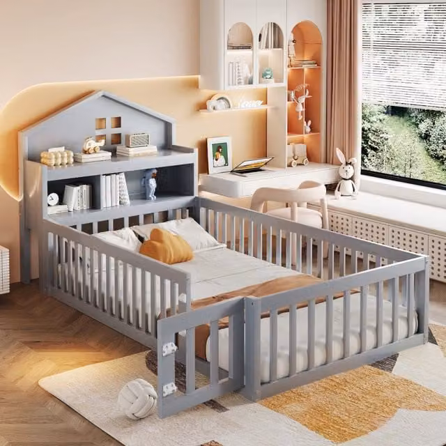 Letto per bambini OKWISH con struttura a casetta, ripiani laterali e vano portaoggetti, grigio, L/P/H: 200 x 90 x 111,8 cm