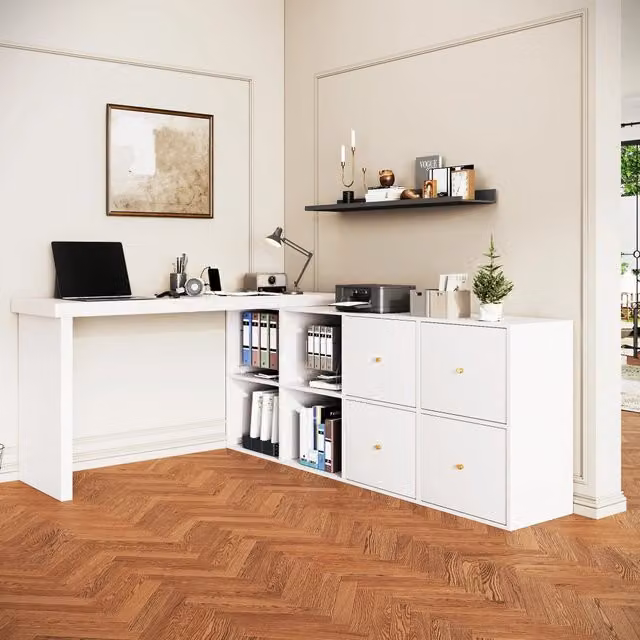 Scrivania angolare moderna REDOM in MDF bianco opaco con piano girevole L 120 x P 48 x H 78 cm