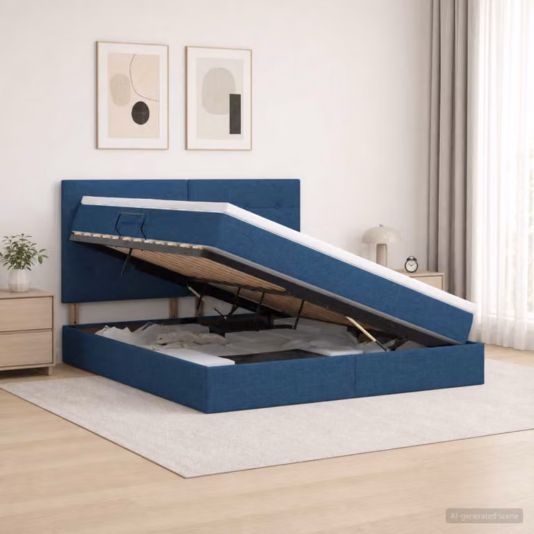 Letto con contenitore e materasso vidaXL in tessuto blu, L 180 x P 200 cm, con base a sollevamento e struttura moderna