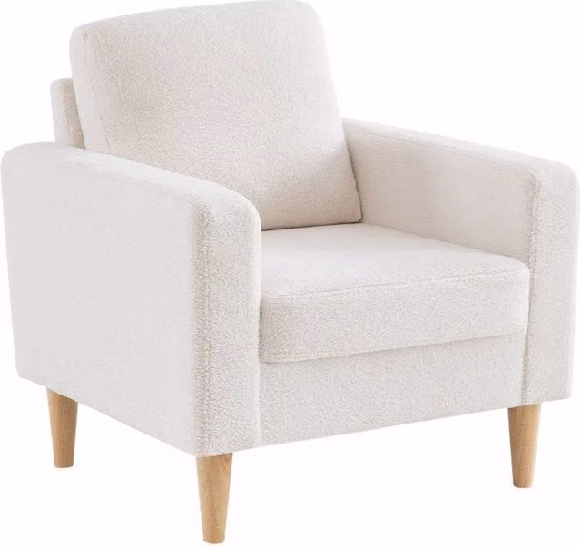 Poltrona scandinava Sweeek in tessuto bouclé bianco con struttura in legno e braccioli