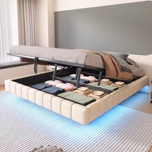 Letto Imbottito Moderno REDOM Beige con Contenitore a Alzata e Illuminazione LED L/P/H: 180 x 200 x 31 cm