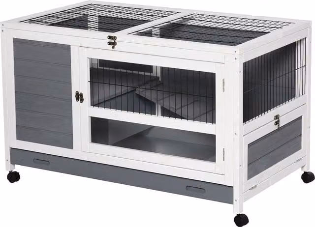 Gabbia per conigli in legno PawHut con vassoio scorrevole e coperchio apribile, colore grigio