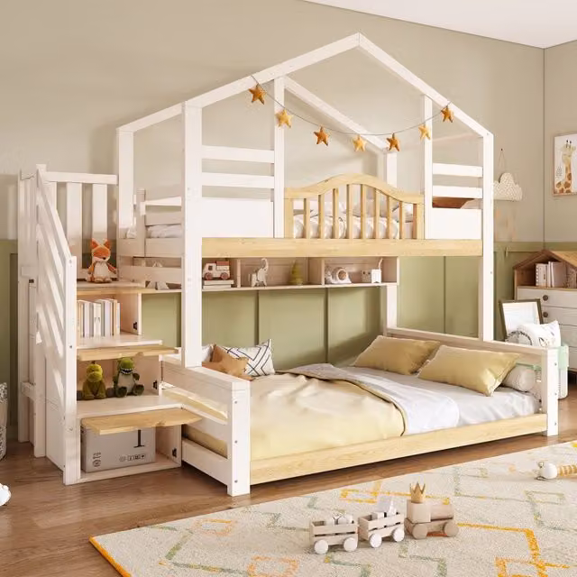 Letto a castello per bambini LEMONMAX stile cabana con scala e ripiani, Bianco e Beige, L/P/H: 90 x 200 x 150 cm