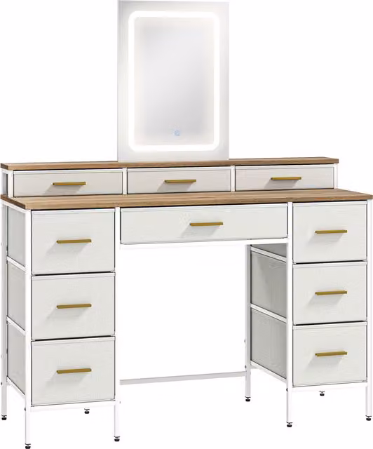 Toeletta HOMCOM con specchio e luci LED a 3 colori, 10 cassetti in tessuto, Legno naturale, L: 118,5 cm, P: 39,5 cm, H: 140 cm