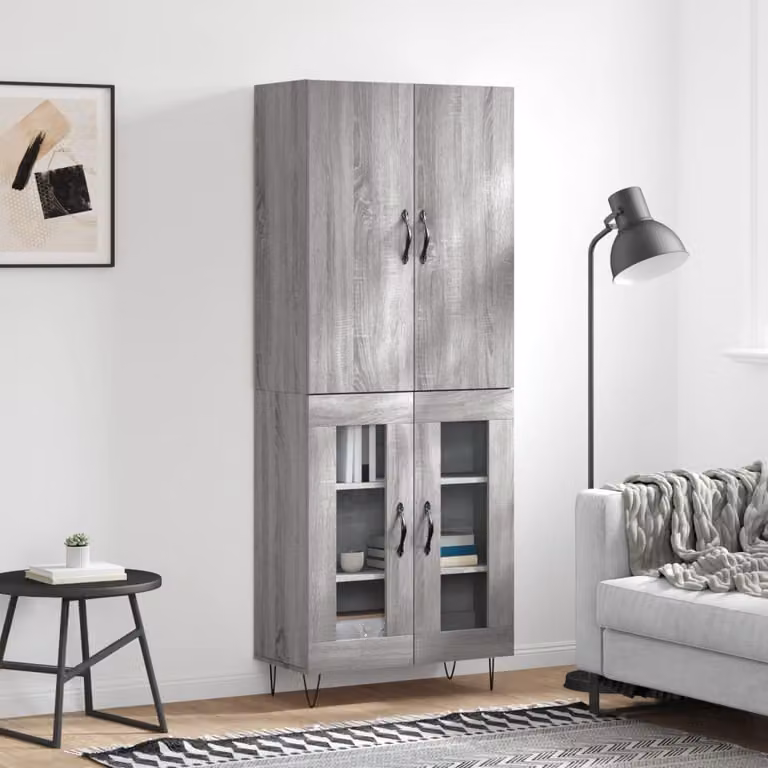 Credenza vidaXL Grigio Sonoma con ante in vetro e ripiani interni, L: 69,5 cm, P: 34 cm, H: 180 cm